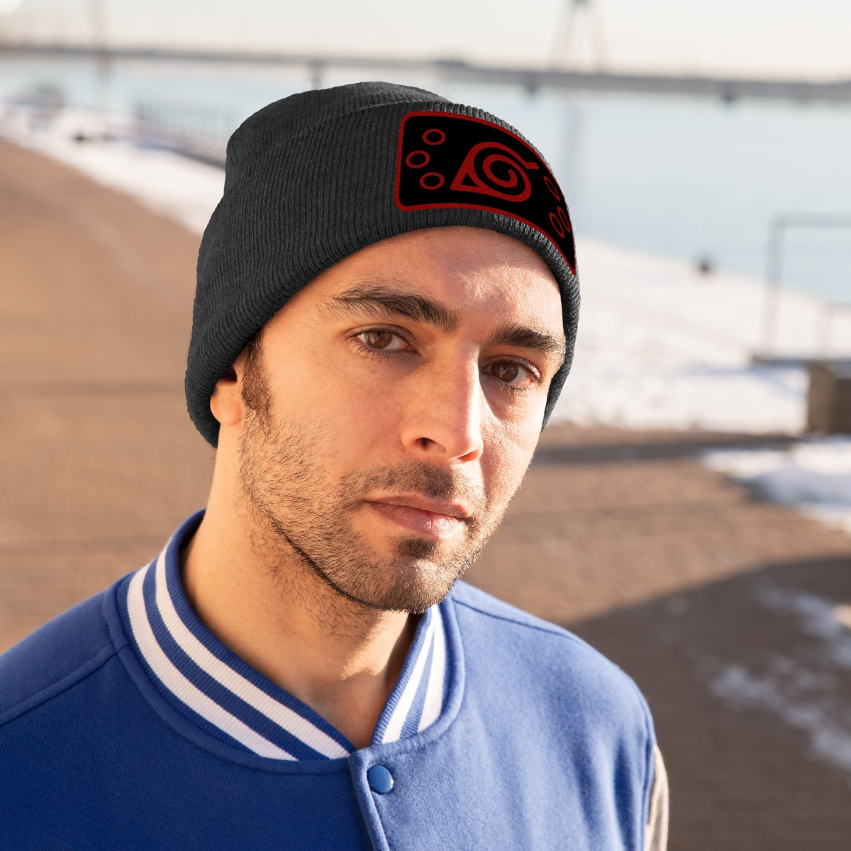 Hidden Leaf Knit Beanie (Red Black)