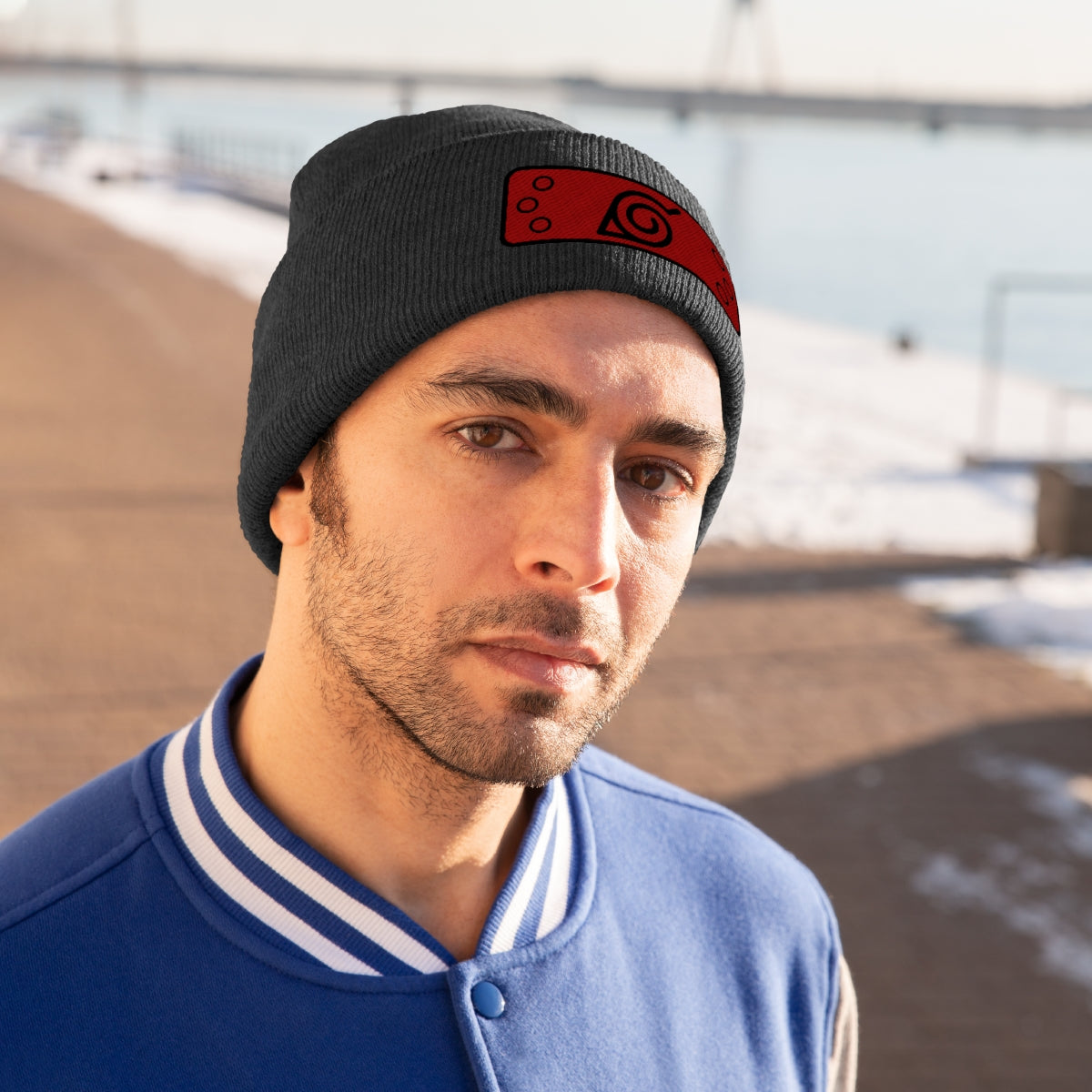 Hidden Leaf Knit Beanie 2 (Black Red)